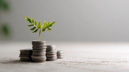 Small green plant sprouting from stacked silver coins symbolizing sustainable growth, eco finance, investment and long term economic development in bright natural light
