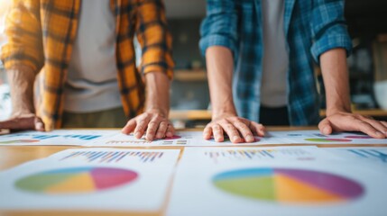 Obraz premium Two people analyzing colorful financial charts on wooden table representing teamwork, data strategy, business planning and market analytics in warm light 