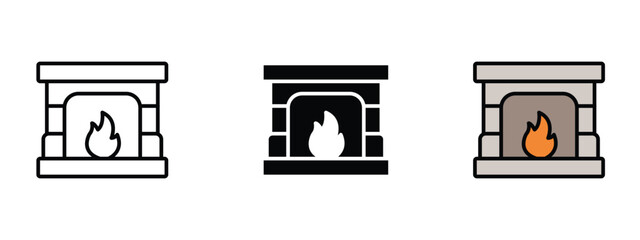 Set of 3 cozy fireplace icons in line