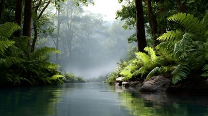 Misty tropical river flows through lush jungle