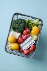 Shopping basket with fresh vegetables and pills