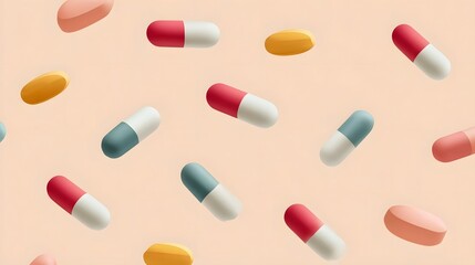 Assorted colorful pills and capsules on a pastel background