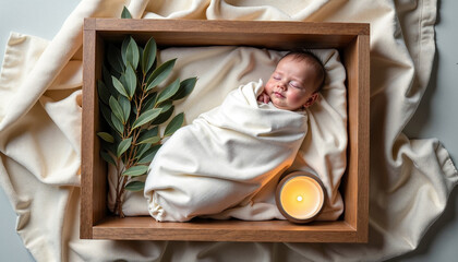 Newborn baby sleeps swaddled in cream fabric, rustic wooden box. Peaceful newborn infant rests with green branch, glowing candle, symbolizing new life, hope.