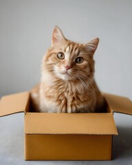 Fototapeta premium Ginger cat sits calmly inside a cardboard box