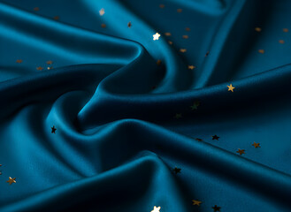 Blue Silk Fabric with Golden Star Confetti Close-Up