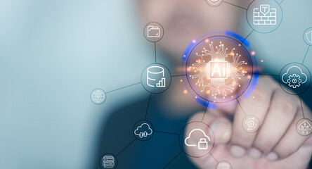 Artificial intelligence AI circuit board in shape electronic PCB circuit icon symbol on man hand finger touching with lighting. Innovative technology machine learning