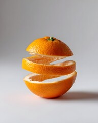 A peeled orange with its spiral peel suspended above