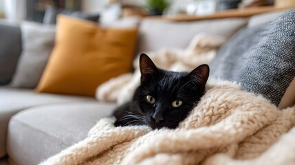A black cat rests comfortably on a cozy sofa