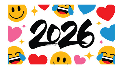Naklejka premium Vision of the Year 2026: An optimistic and colorful emblem of 2026, featuring joyful emoji symbols and loving hearts, signifying hope and happiness in the upcoming year.