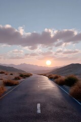 Scenic desert highway stretching into a vibrant sunset