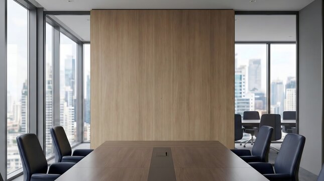 Modern executive boardroom interior background with large blank wood panel wall for copy space. Professional office meeting room mockup with sleek conference table, leather chairs, and blurred city vi