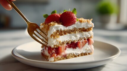 Slice of strawberry cream cake being cut by a fork