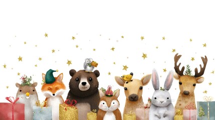 Cute Christmas Woodland Animals with Gifts and Stars