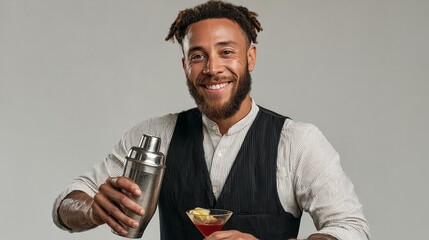 A man with a mustache and a black vest is holding a cocktail shaker and a martini glass. He is smiling and he is happy