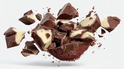 A close up of a chocolate bar that has been broken into many pieces. Concept of chaos and destruction, as the chocolate is scattered all over the place