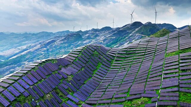 Aerial shot of solar panels and wind turbines on mountain