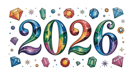 2026 Gemstone Year: A sparkling collage of precious gemstones, meticulously arranged to form the year 2026, radiating elegance and a touch of luxury.