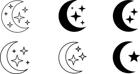 Minimal crescent moon and star icon set in solid and outline style for celestial design, decoration, branding, and illustrations © Firoz