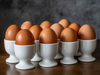 A dozen brown eggs, each resting in a white ceramic egg cup, arranged neatly on a wooden table with a dark, textured background.