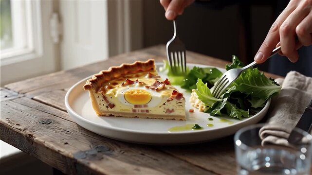 Part de quiche aux &oelig;ufs et lardons servie avec salade verte sur table en bois rustique