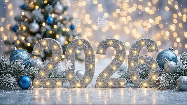 Chiffres lumineux 2026 dans une d&eacute;coration de No&euml;l hivernale &eacute;l&eacute;gante