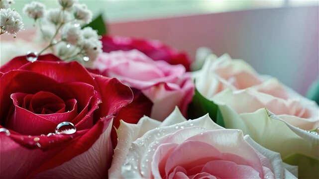 Roses rouges et blanches avec gouttes de ros&eacute;e en macro florale romantique