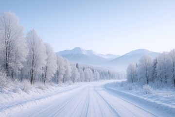 Winter Wonderland: Snowy Road Through a Forest with Mountain Backdrop Under a Pale Sky