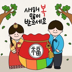 새해 설날 캘리그라피 복주머니 한복 사람 라인드로잉 카드뉴스(happy new year caligraphy lucky pocket hanbok line drawing card news)