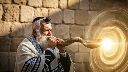 Elderly devout Jewish man blowing the shofar with brilliant spiritual light emanating from the horn