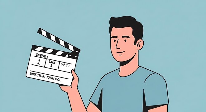 Young Male Director Holding Clapperboard Ready to Film a Scene.