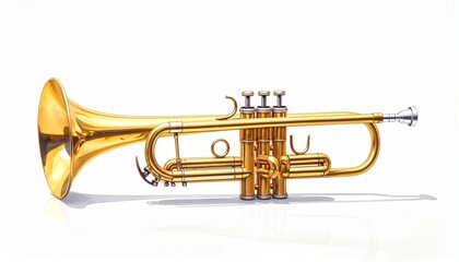 A brass trumpet with flared bell and three piston valves rests on a white surface, captured in realistic lighting to highlight its elegant structure and musical craftsmanship.
