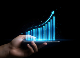 Bright Holographic Bar Chart Rising from Smartphone on Black Background