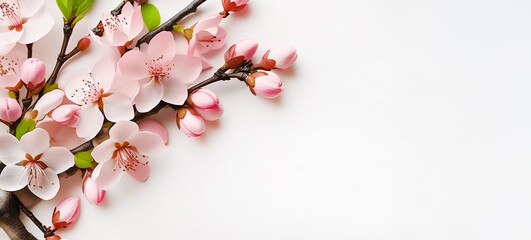 Pink apple blossom on background. Spring banner and card. Spring flowers and buds