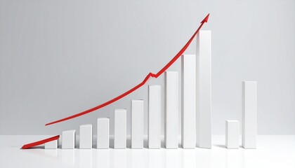 A 3D bar graph with eight vertical bars increasing in height from left to right, ending in a tall red bar, with a red upward-curving line above, symbolizing strong growth and performance improvement.