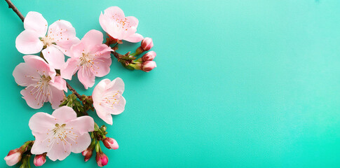 Pink apple blossom on background. Spring banner and card. Spring flowers and buds