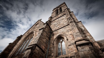 Exterior View of a Medieval Stone Church with Tower against a Dramatic Cloudy Sky