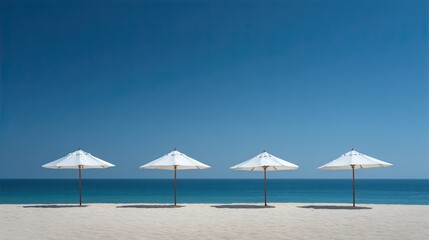 White beach umbrellas line a pristine sandy shore under clear blue sky.