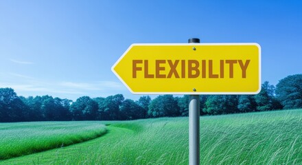 Obraz premium Flexibility Direction Sign on a Green Field Under Blue Sky, Symbolizing Adaptability and Versatility