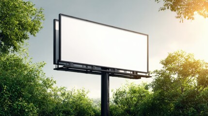 Fototapeta premium Blank Billboard Mockup Surrounded by Lush Green Trees against a Clear Sky on a Sunny Day