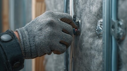 Craftsman's gloved hand connecting electrical wiring on insulated wall
