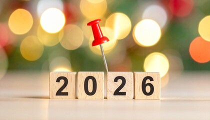 Four wooden blocks spell out “2026” in a festive setup, with a red pushpin on the final digit, set against a warm bokeh background of glowing yellow lights, evoking celebration and future anticipation