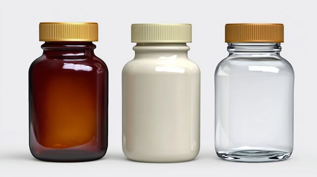 Three glass jars with lids, one brown, one white, and one clear. The brown jar is on the left, the white jar is in the middle, and the clear jar is on the right