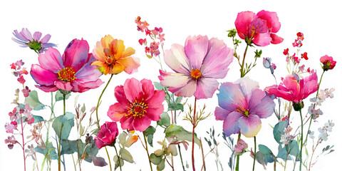 Vibrant watercolor painting of a diverse array of colorful wildflowers in full bloom