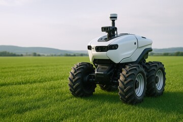 Fototapeta premium Autonomous Farm Robot Navigating Green Field: Precision Agriculture, Modern Farming Technology for Sustainable Crop Management