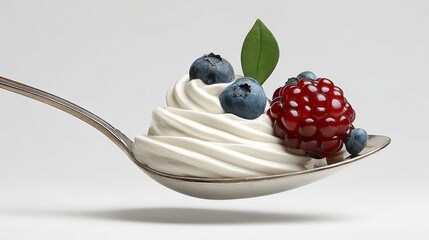 A spoonful of whipped cream with blueberries and raspberries on top. The spoon is silver and the whipped cream is white