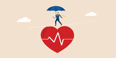 A businessman walking on a rope above a heart with an ekg line