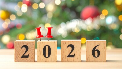 Four wooden blocks spell out “2026” in a festive setup, with a red pushpin on the final digit, set against a warm bokeh background of glowing yellow lights, evoking celebration and future anticipation