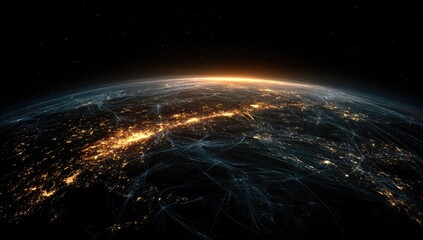 Obraz premium Earth at dawn, showing cities' lights, cloud detail, and atmospheric glow. Viewed from space