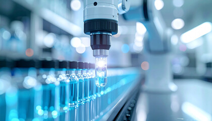 Robotic Precision in Laboratory: A state-of-the-art robotic arm delicately handles vials in a sterile laboratory setting.