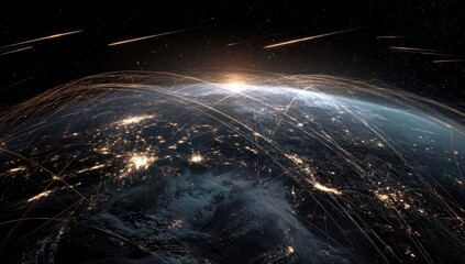 A globe with glowing city lights, overlaid with lines of light, and streaks of meteors falling